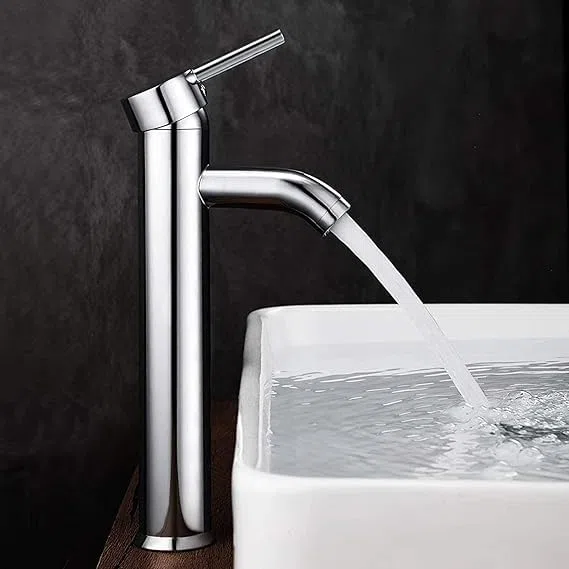 SQUADO Rubinetto Miscelatore Lavabo Alto 30 cm – Ottone Cromato Cromo Lucido – Rubinetto Bagno a Gambo Lungo per Lavabo da Appoggio, Design Moderno
