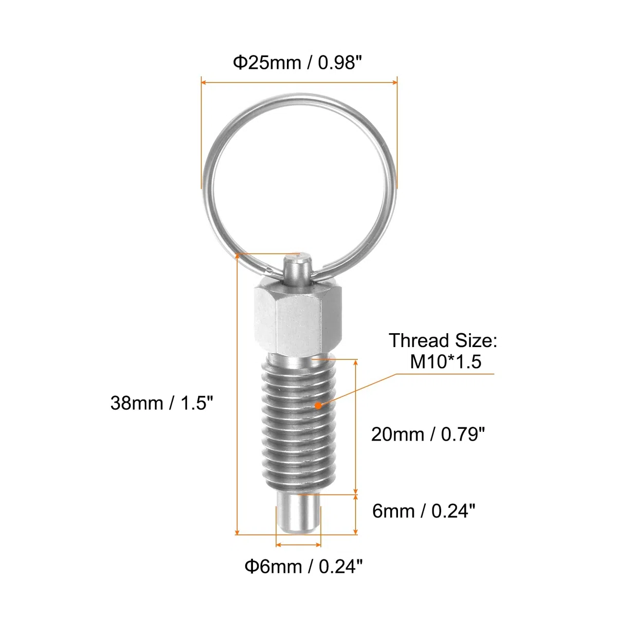 QUARKZMAN 4pz Spillo a Molla con Ring Trazione Dimensione Filettatura M10*1,5 Lunghezza 0,79" Dia Spillo 6mm Testa Piana Acciaio Inossidabile Spillo Bloccaggio Non-Retrattileper Industriali