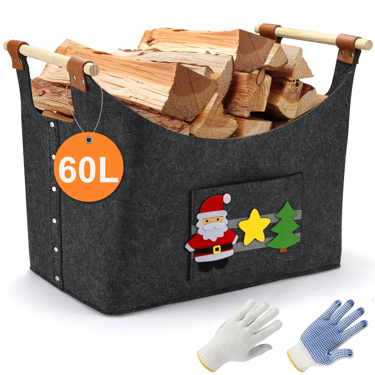 DazSpirit Borsa In Feltro per Legna da Ardere, Cesto Portalegna da Interno Con Manico in Legno, Porta Legna con Doppio Rinforzo in Pelle, Cesta per Legna, Giocattoli, Libri, Vestiti (Grigio)
