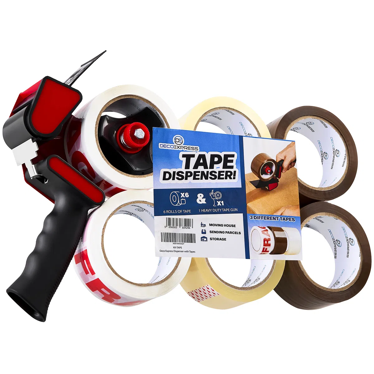Nastro Adesivo da Imballo - Set Dispenser Tendinastro e Pacco da 6 Nastro Adesivo da Pacchi Marrone Trasparente per Spedizioni e Trasloco (Dispenser per pistole a 6 rotoli)
