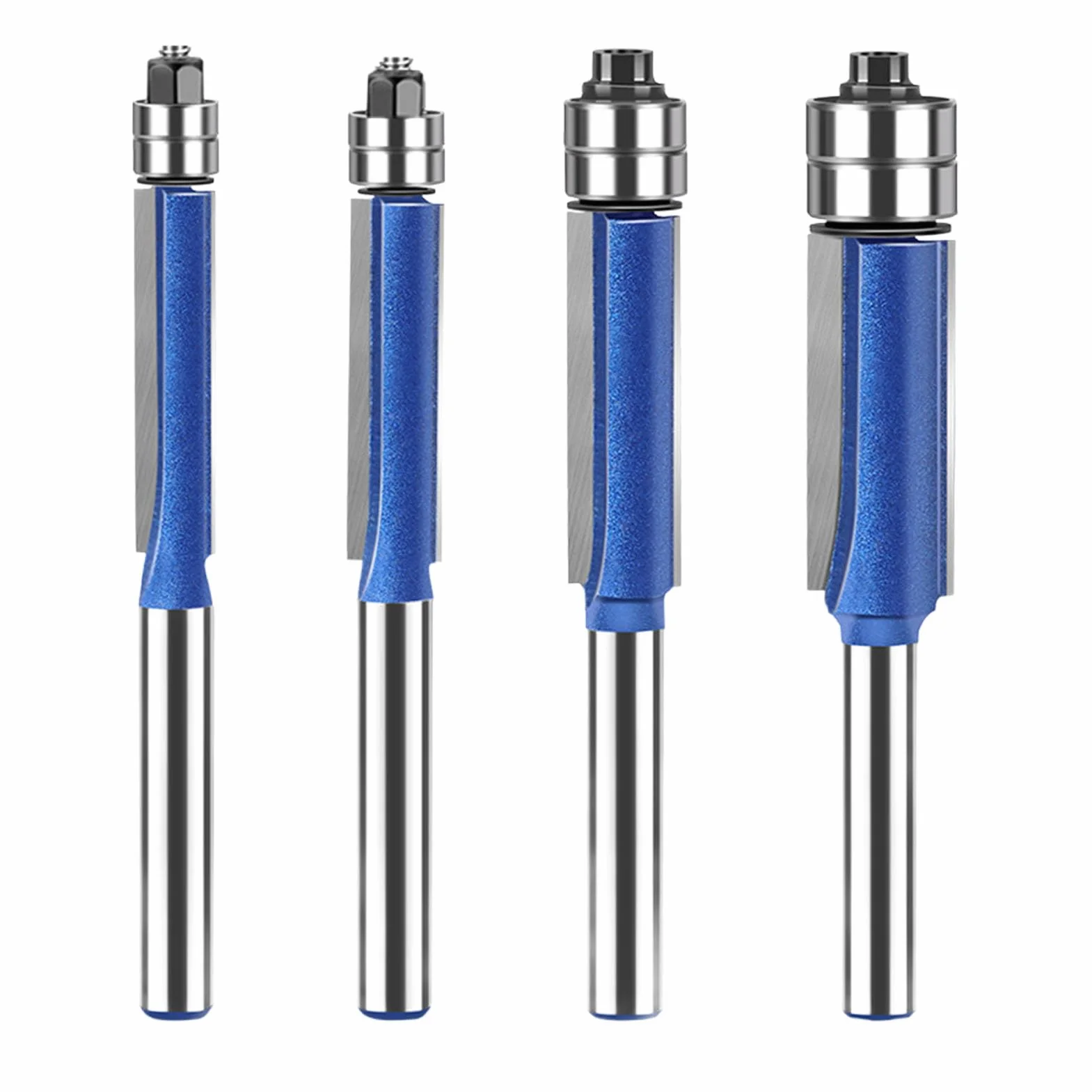 Set di Punte per Rifinitura a Filo, Doppio Cuscinetto, Gambo da 6 Mm, 4 Pezzi, Fresa Diritta, Strumento Professionale per la Lavorazione del Legno, con Scatola, per Carpenteria