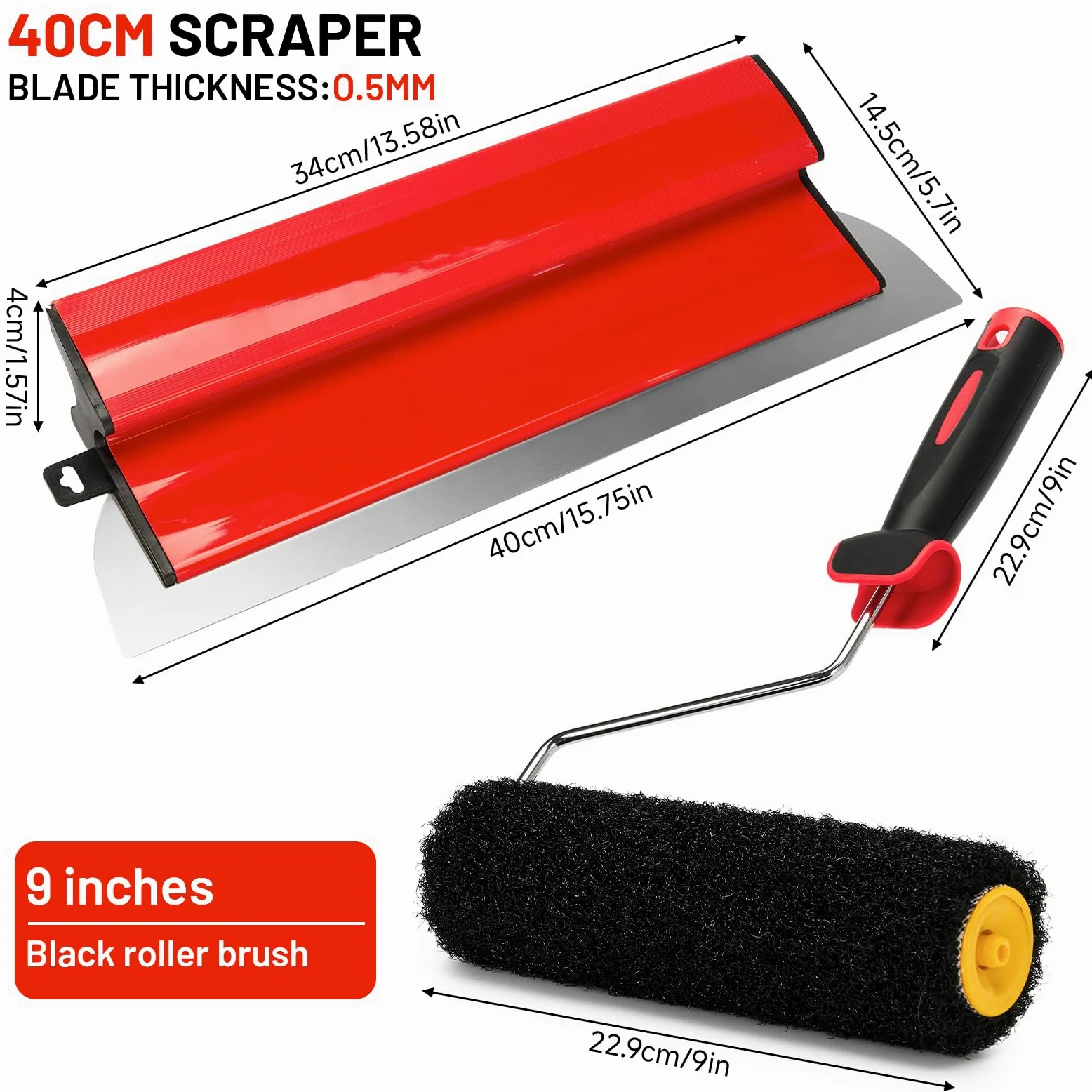 Spatola da 40 cm, con rullo di stucco, 23 cm, rullo per stucchi, lama in acciaio inox, spatola + rullo di rivestimento, strumento per grandi aree di lavoro, decorazione da parete
