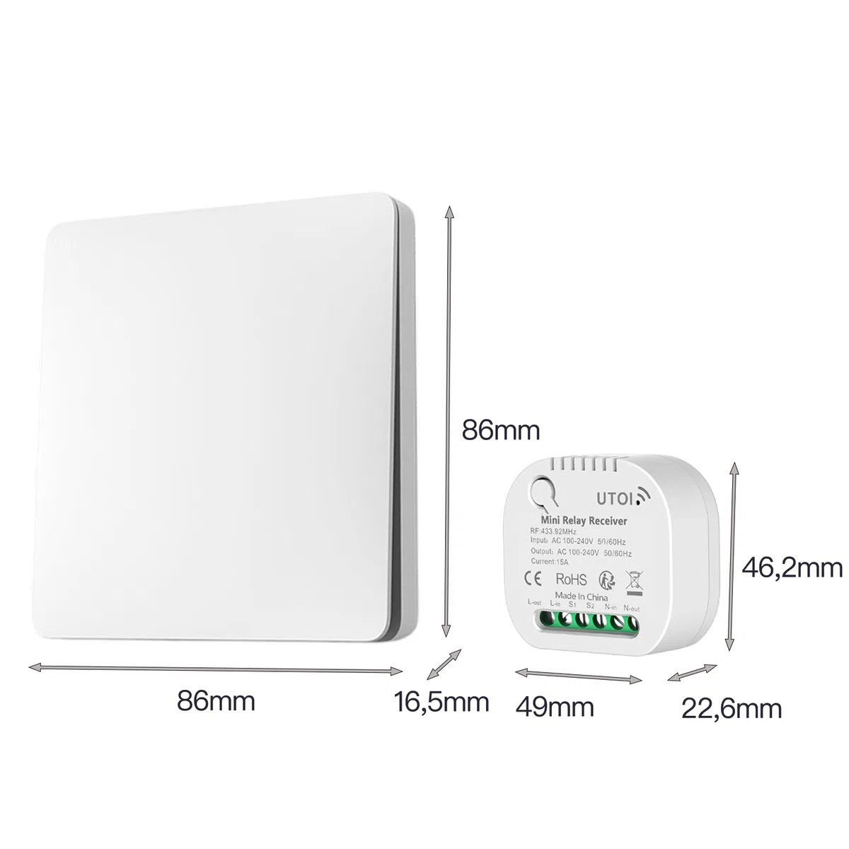 Interruttore Luce Senza Fili 2 Vie 15A 220V con Relè, Kit con 2 Interruttori Wireless Senza Batteria, Mantiene Interruttore Originale, Controllo da Più Punti, Telecomando RF per Lampade LED, Bianco