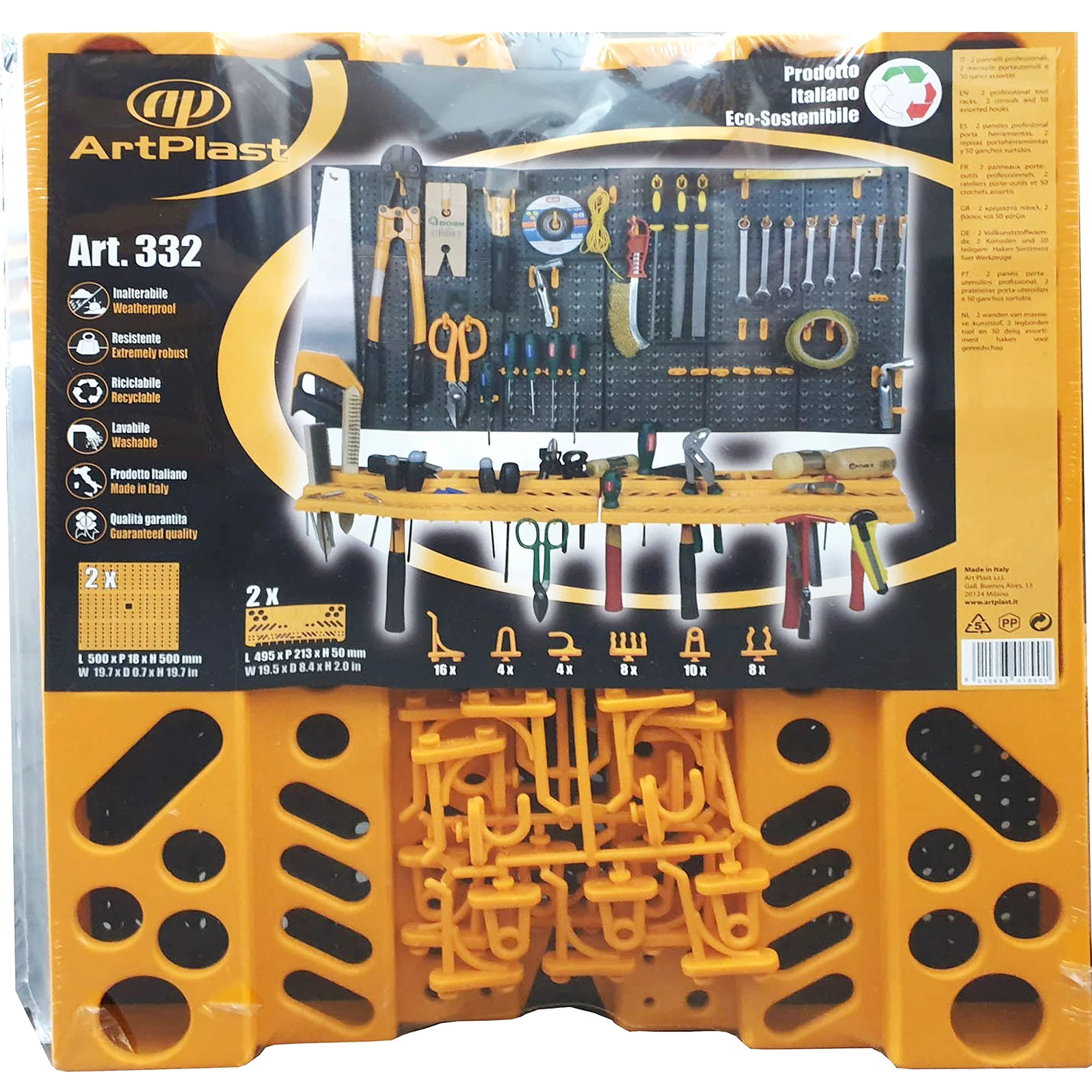 Art Plast Kit due pannelli per attrezzi 50x50 cm completi di due mensole e 50 ganci assortiti, in plastica, nero/arancione