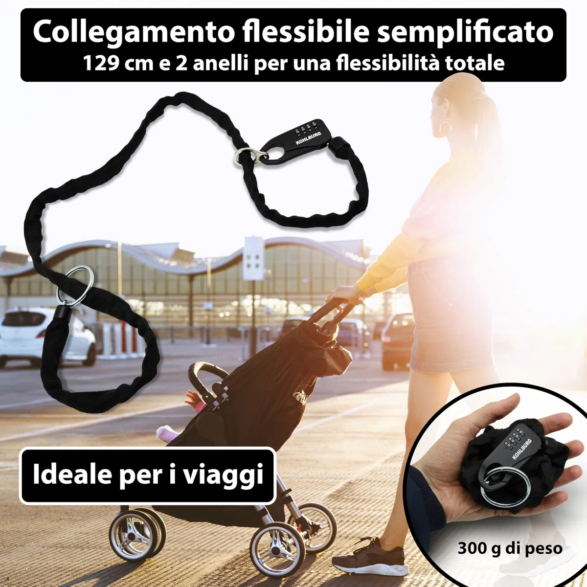 KOHLBURG catena antifurto tascabile e sicura con lucchetto a combinazione numerica – Sicurezza assoluta come lucchetto per passeggini, sci e casco da moto – catena antifurto lunga 129 cm