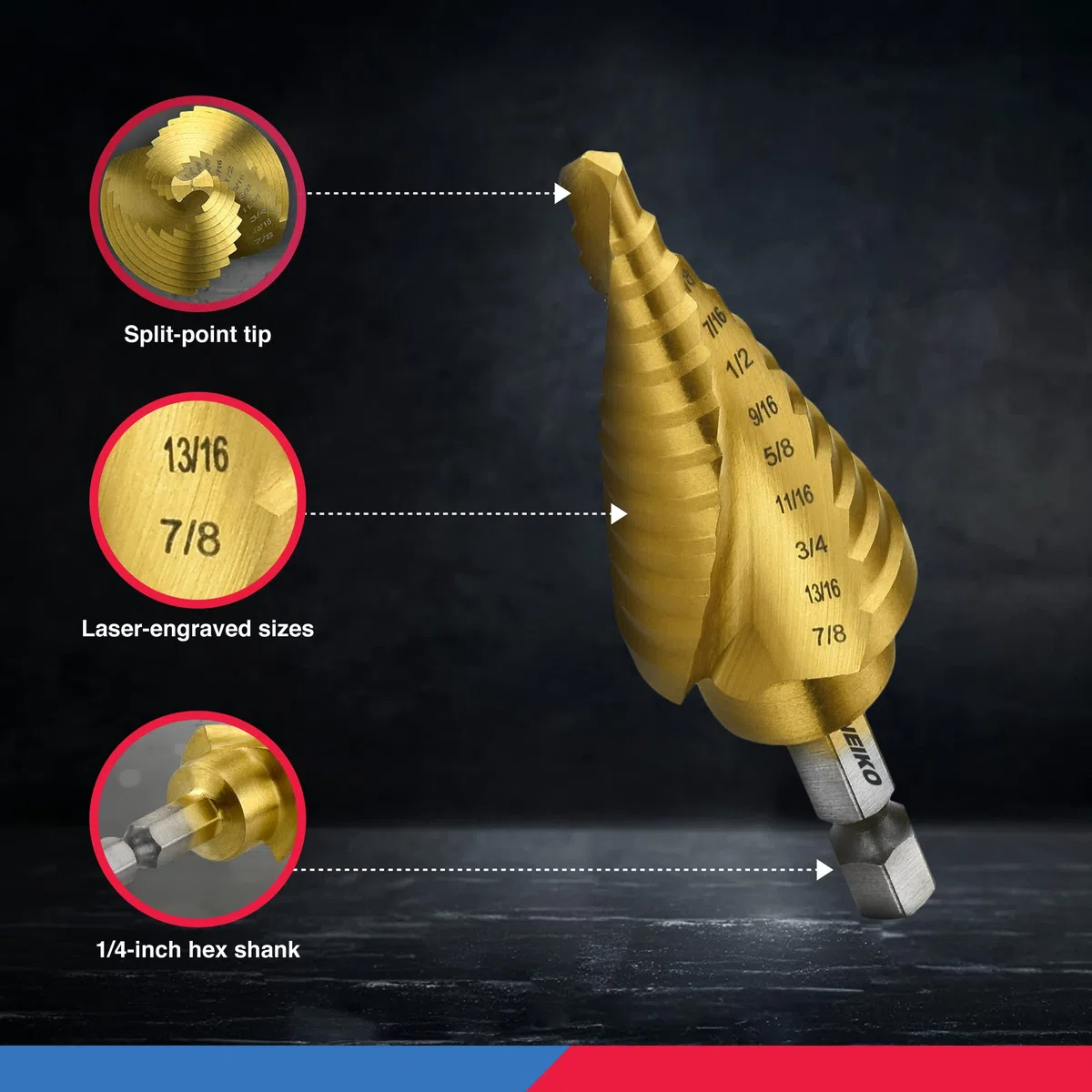 NEIKO 10181A - Set di 3 punte per trapano a gradino, scanalate a spirale per una foratura più veloce, punte a gradino per acciaio inossidabile, metallo, legno, plastica, punte coniche Unibit con 31