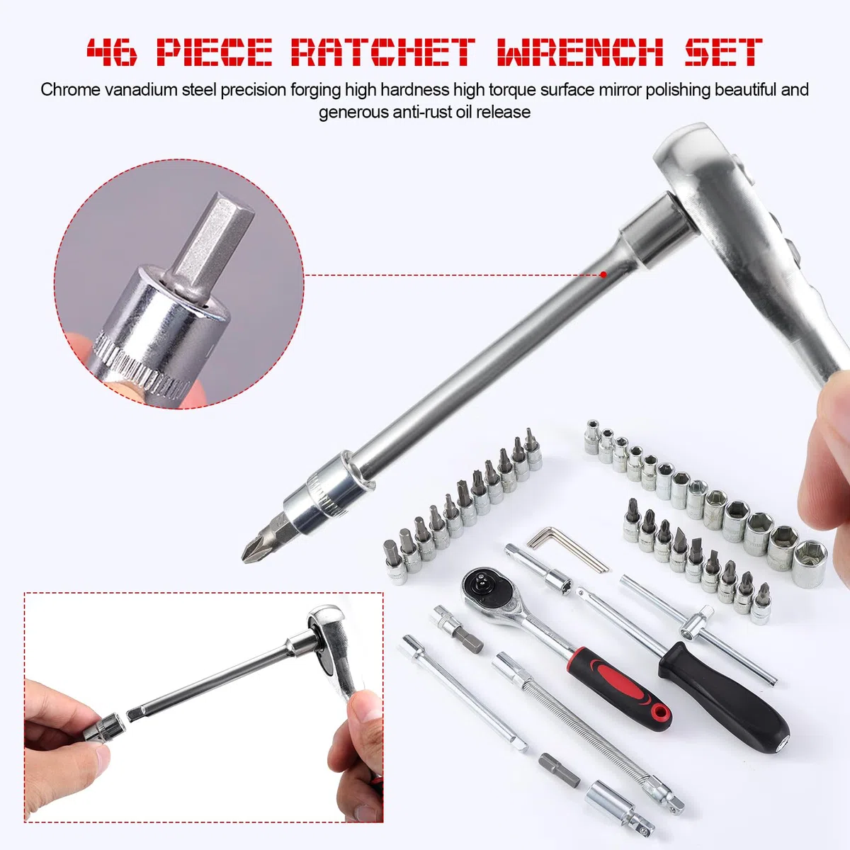 46PCS set di chiavi a bussola, 1/4 di pollice set cricchetto, chiave a cricchetto reversibile kit