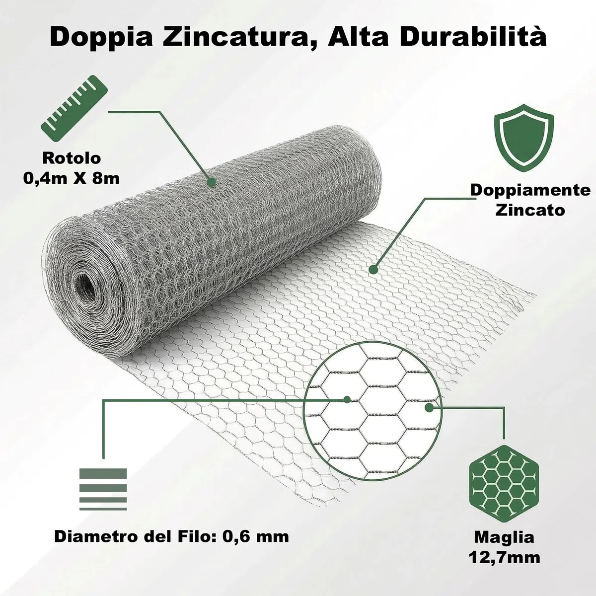 Amagabeli Rete Zincata Rinforzata, 12.7mm, 40cm x 8m, ad Alta Densità - Perfetta per Recinzione di Pollame, Animali Domestici, Orto e Protezione Piante - Antiruggine e Durevole