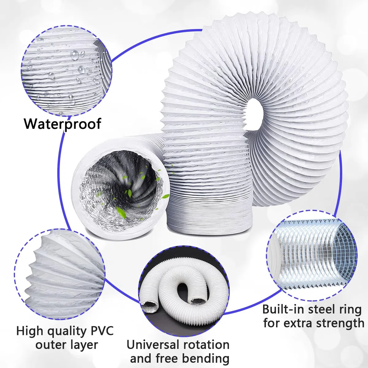 Tubo flessibile di ventilazione in PVC e alluminio, 80/100/125/150 mm, 4,2 m, colore bianco, 80 mm