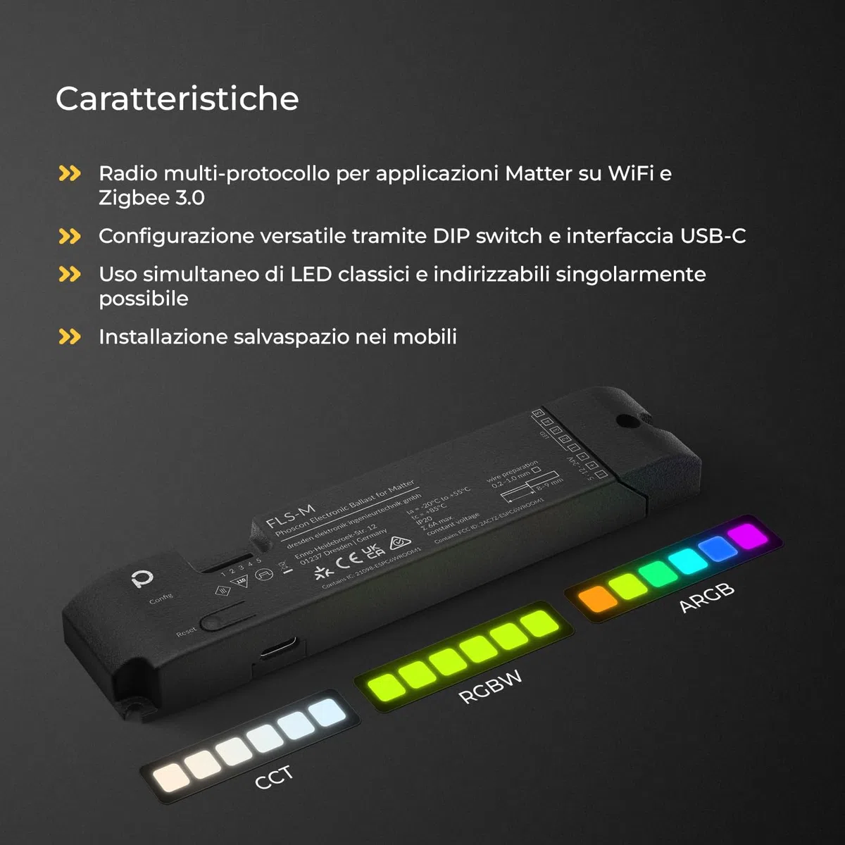 FLS-M - Controller Matter Zigbee per Strisce LED a 5 Canali e Indirizzabili Individualmente, RGBW, RGB+CCT, Monocolore, WS2812B
