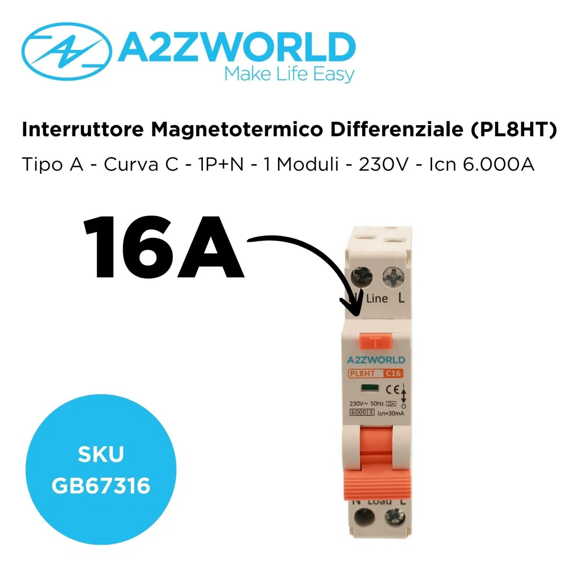 Interruttore Differenziale Magnetotermico 1 Modulo Tipo A, 16A C16, RCBO Slim 1P+N 6kA 30mA 220V, Curva C, Serie PL8HT Professionale