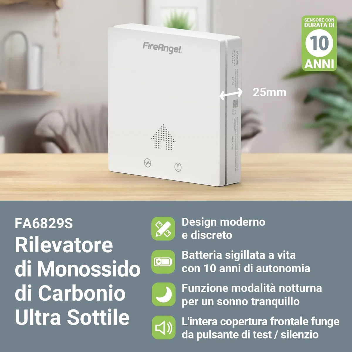 FireAngel FA6829S Rilevatore Monossido di Carbonio Ultra Sottile, Rilevatore CO con 10 Anni di Autonomia, Sensore Monossido di Carbonio