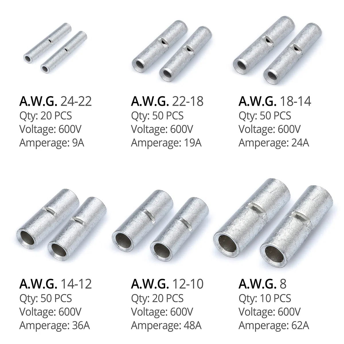 Wirefy 200 PZ Connettori Testa-Testa Non Isolati - Kit Capicorda Elettrici - Terminali Crimpare - 0,25-10 mm²