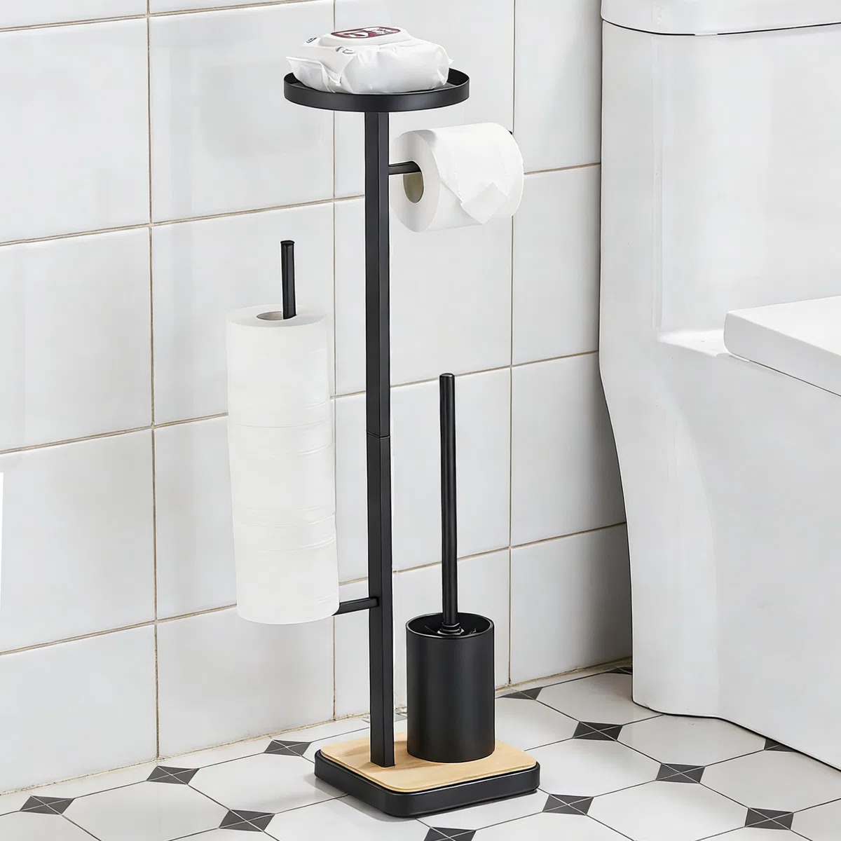 Scopino Bagno WC con Porta Carta Igienica da Terra Piantana Portarotolo e Scopino Per 4 Rotoli Scorta, Legno Nero, Circolare