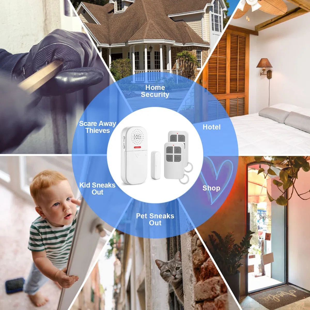 Cuteefun Sensore di allarme per porta, 2 telecomandi, allarme super forte da 130 dB, volume regolabile, 5 modalità di funzionalità, sensore di sicurezza magnetico, allarme antifurto per casa, negozio