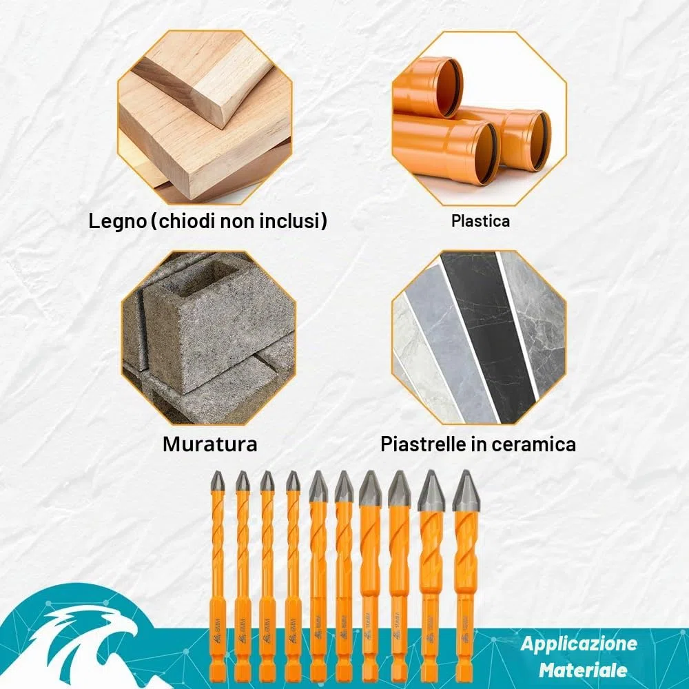 Set di Trapani Eccentrici in Carburo (10 Pezzi) - Per Piastrelle, Marmo, Muratura, Legno, Plastica (6mm*4+8mm*2+10mm*2+12mm*2)