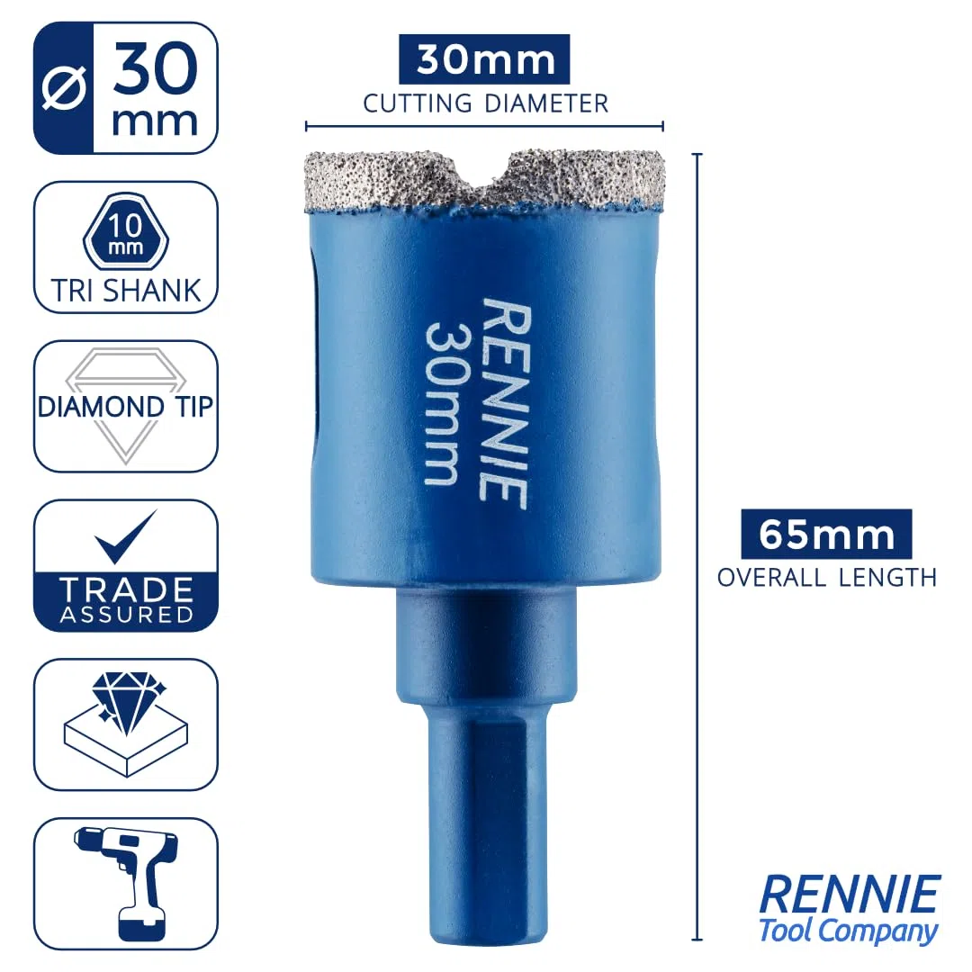 Punta diamantata per sega a tazza da 30 mm con gambo triplo per piastrelle in gres porcellanato, ceramica, ardesia, pietra, granito, marmo, vetro, sega a tazza con nucleo diamantato