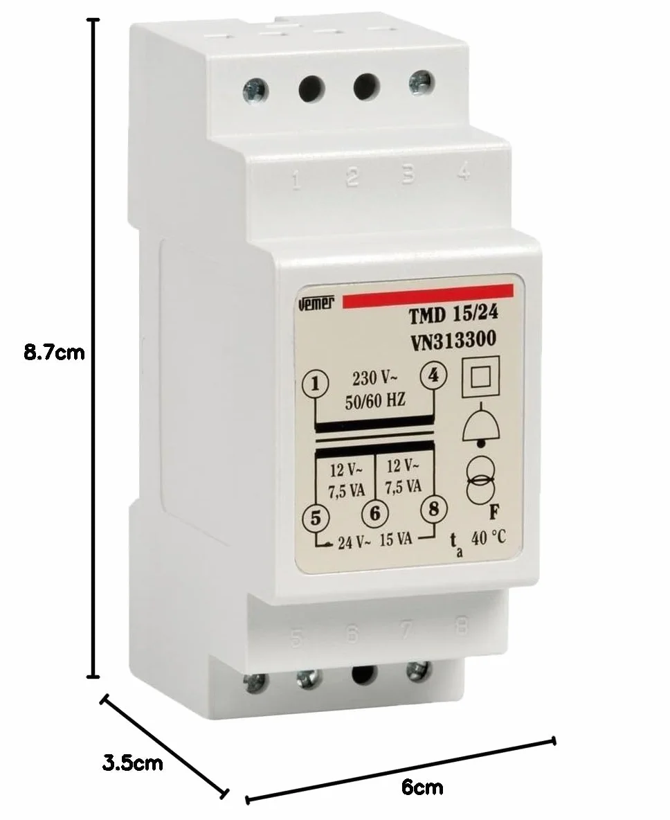 VEMER VN313300 TMD 15/24 - Trasformatore 24V per Campanelli, Installazione su Barra Din, Tensione Primario 230V, Tensione Secondario 12-24V, Potenza 15VA, Bianco