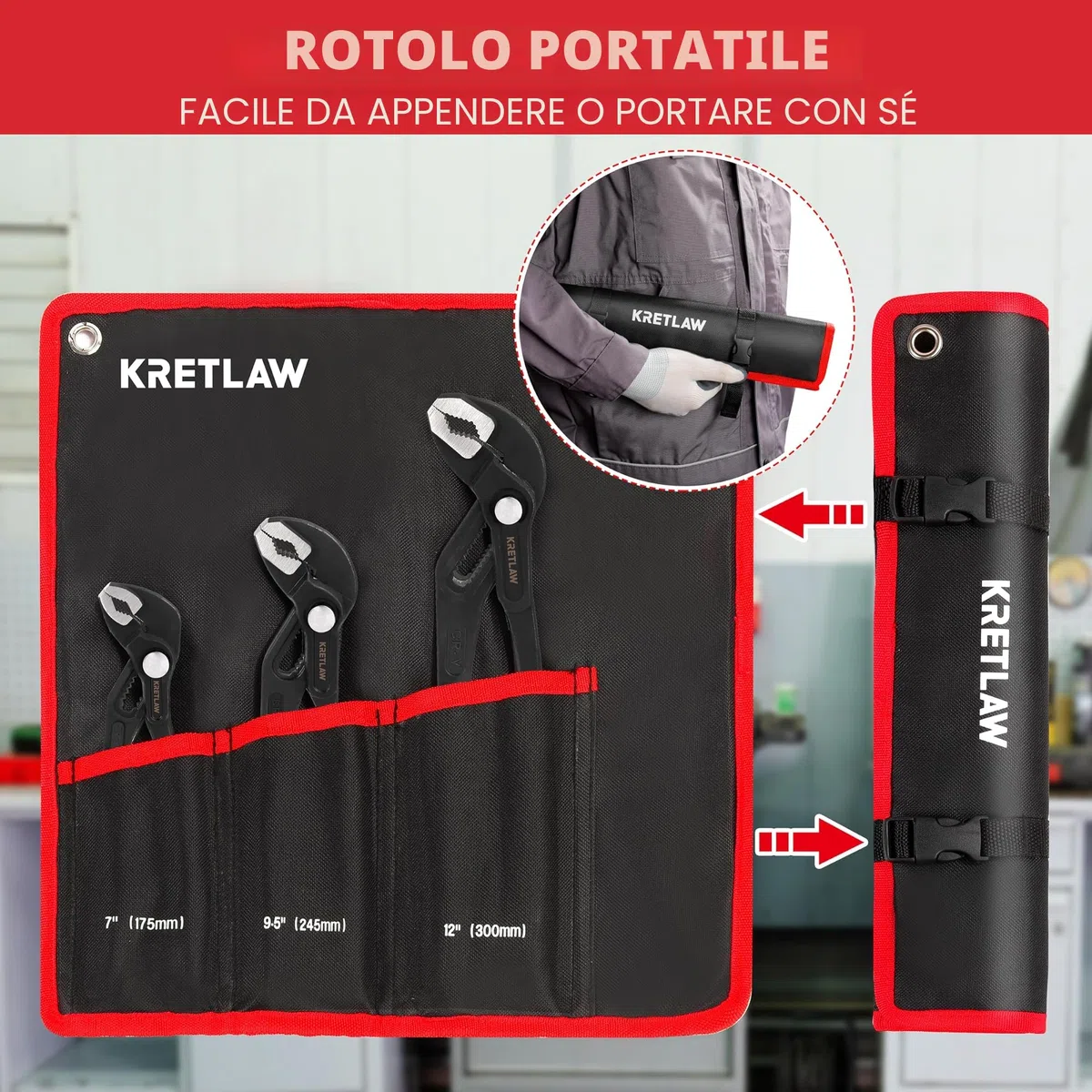KRETLAW Set di Pinze Regolabili a Scatto 3 Pezzi (300mm & 250mm & 180mm), Pinze Regolabili per Pompe d'Acqua, Pinze a Scatto con Mascella a V in Cr-V per Riparazioni Domestiche e Idraulica