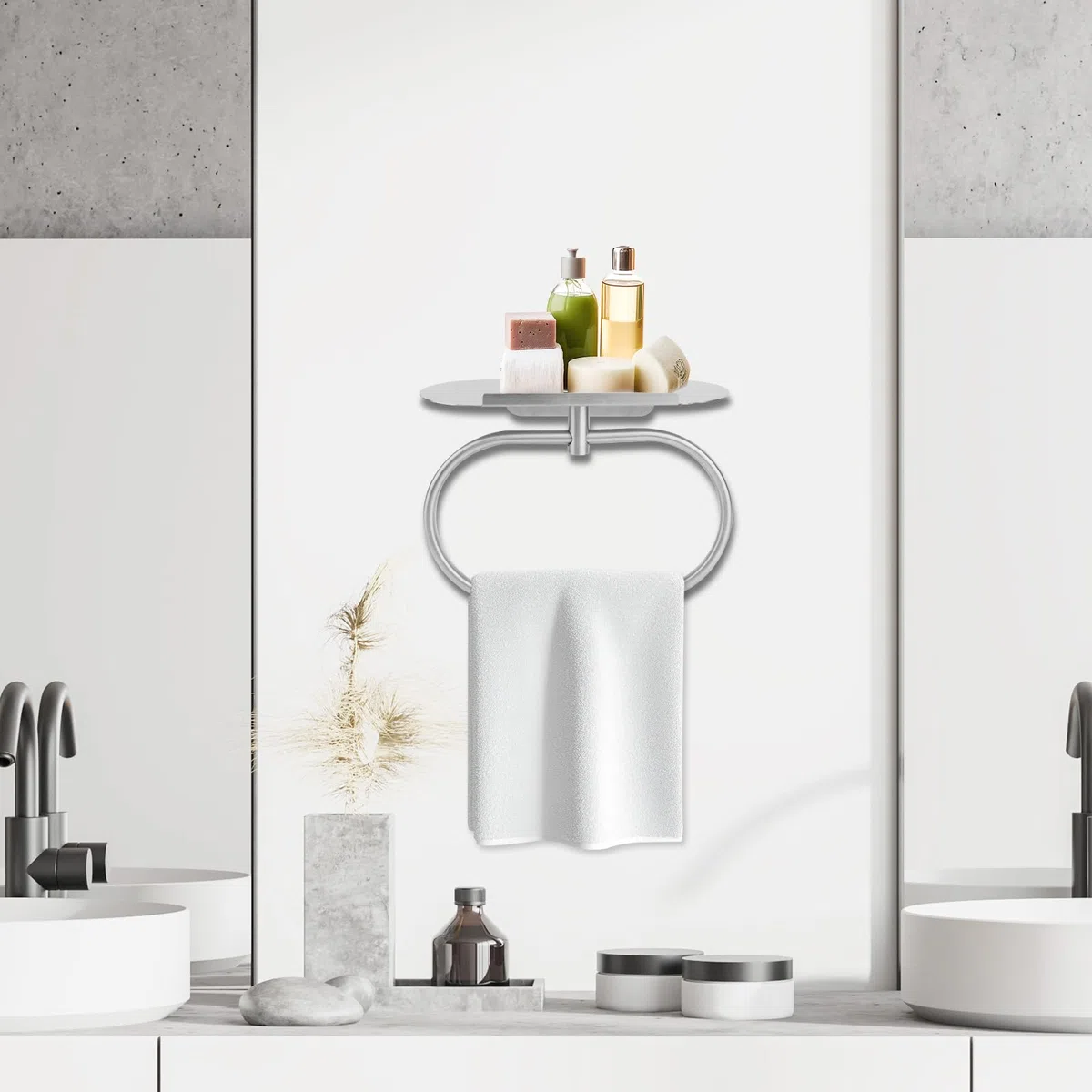 Tinoaly Portasciugamani con Mensola, Ovale Resistente in Acciaio Inox 304 Adesivo Portasciugamani Bagno Anelli Parete Pratico Accessorio Cucina e Bagno(Argento)