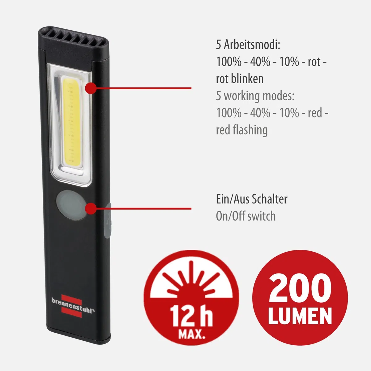 Brennenstuhl Torcia LED a batteria PL 200 AC/LED con COB LED (200 lm, cavo di ricarica USB C, durata fino a 12 ore, lampada di ispezione COB con magnete e clip)