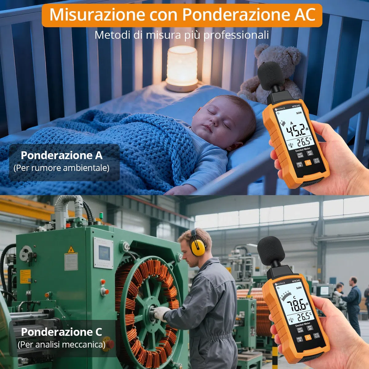 Neoteck Fonometro Digitale Portatile 30–130dB Sonometro Digitale Portatile con Ponderazione A/C, Display LCD Retroilluminato, Funzione Data Hold Misuratore Rumore per Casa, Ufficio, Ambiente di Lavoro