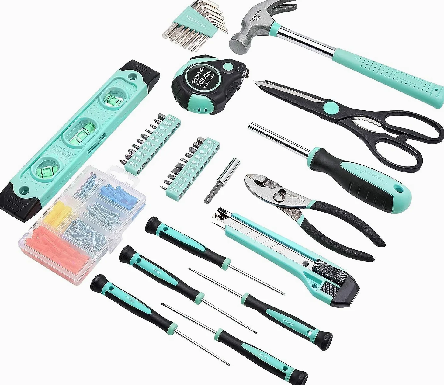 Amazon Basics - Kit di attrezzi per la casa con custodia, 142 pezzi, turchese, 34 x 23,5 x 7,5 cm