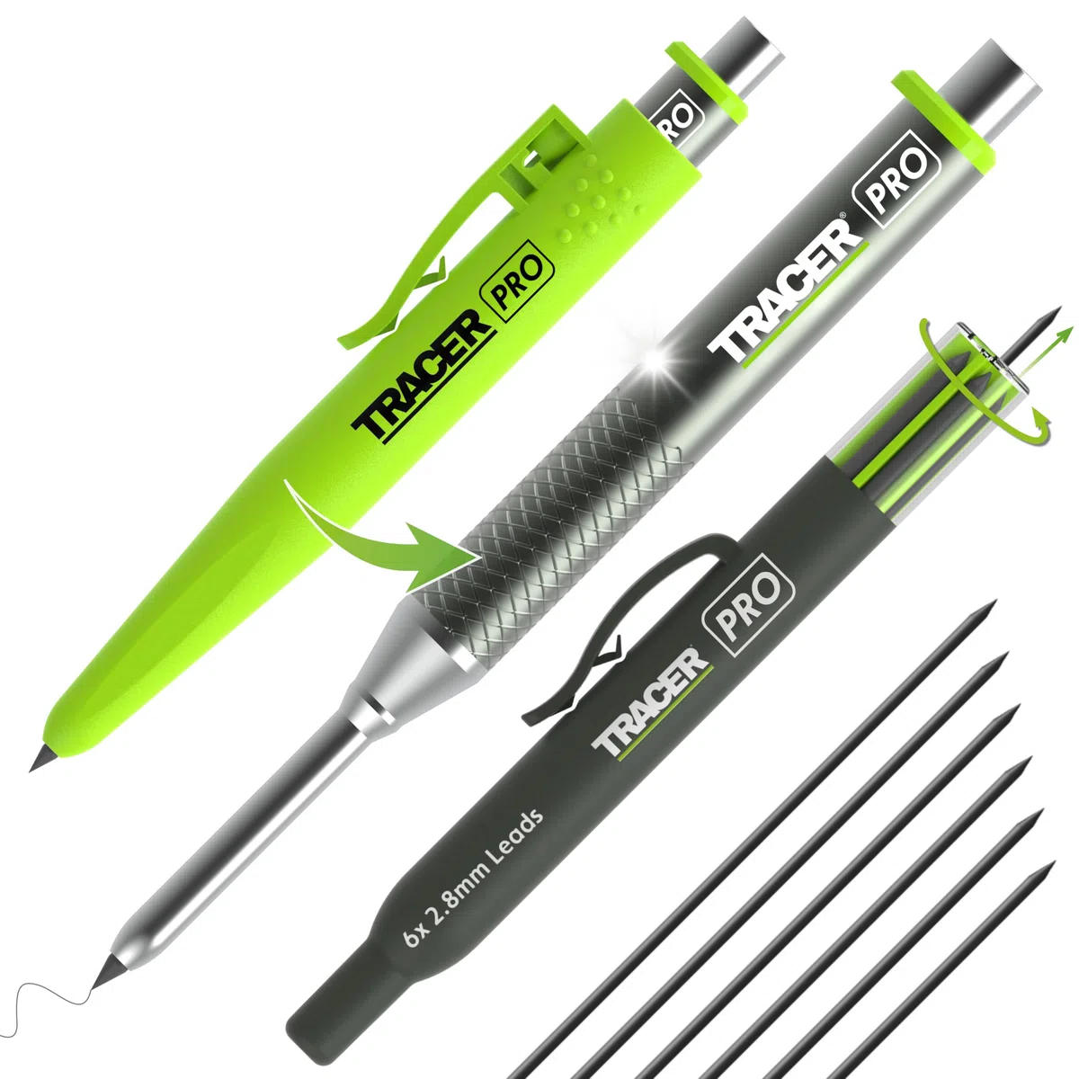 Tracer Pro Series Matita Alluminio Fori Profondi | Marcatura 145mm, 6 Mine Ricambio, Fondina Cantiere