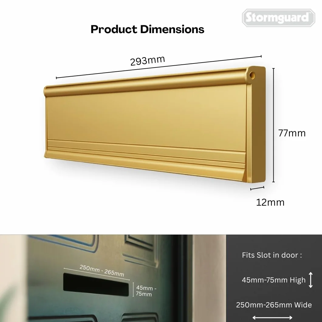 STORMGUARD 06SR0310000G Coperchio per cassetta delle lettere con spazzola e amp; Ribalta per uso interno o esterno: finitura oro, dimensione esterna, 293 x 77 mm