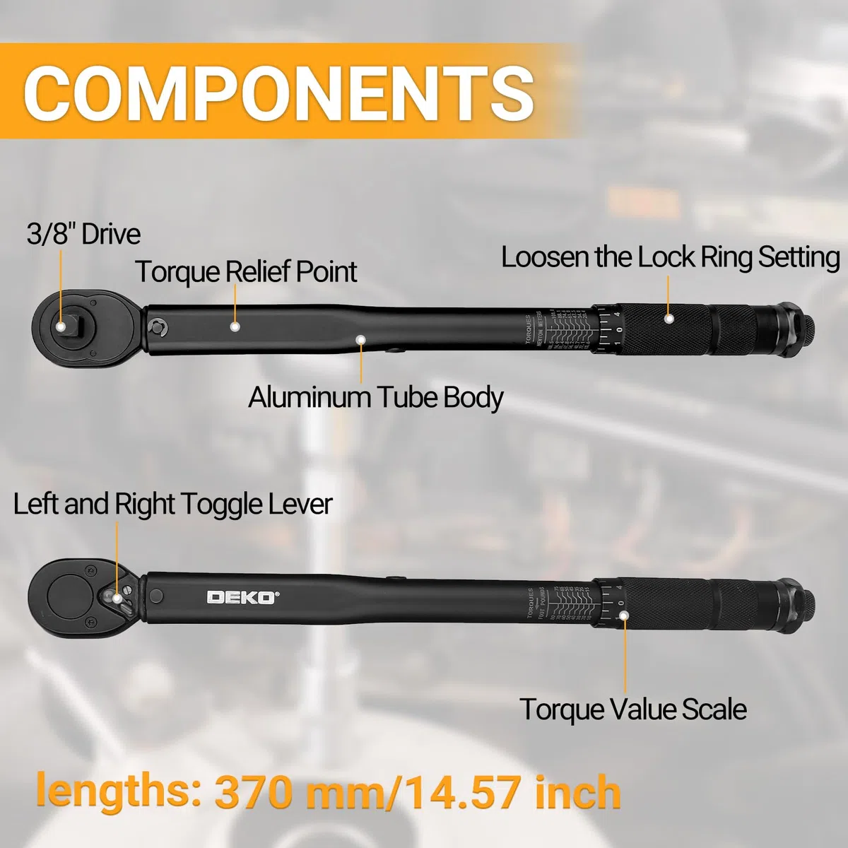 DEKOPRO Chiave dinamometrica 3/8" a 24 denti, chiave dinamometrica 13,6-108,5 Nm, precisione di taratura ±4%, per ruote di auto, moto e camion