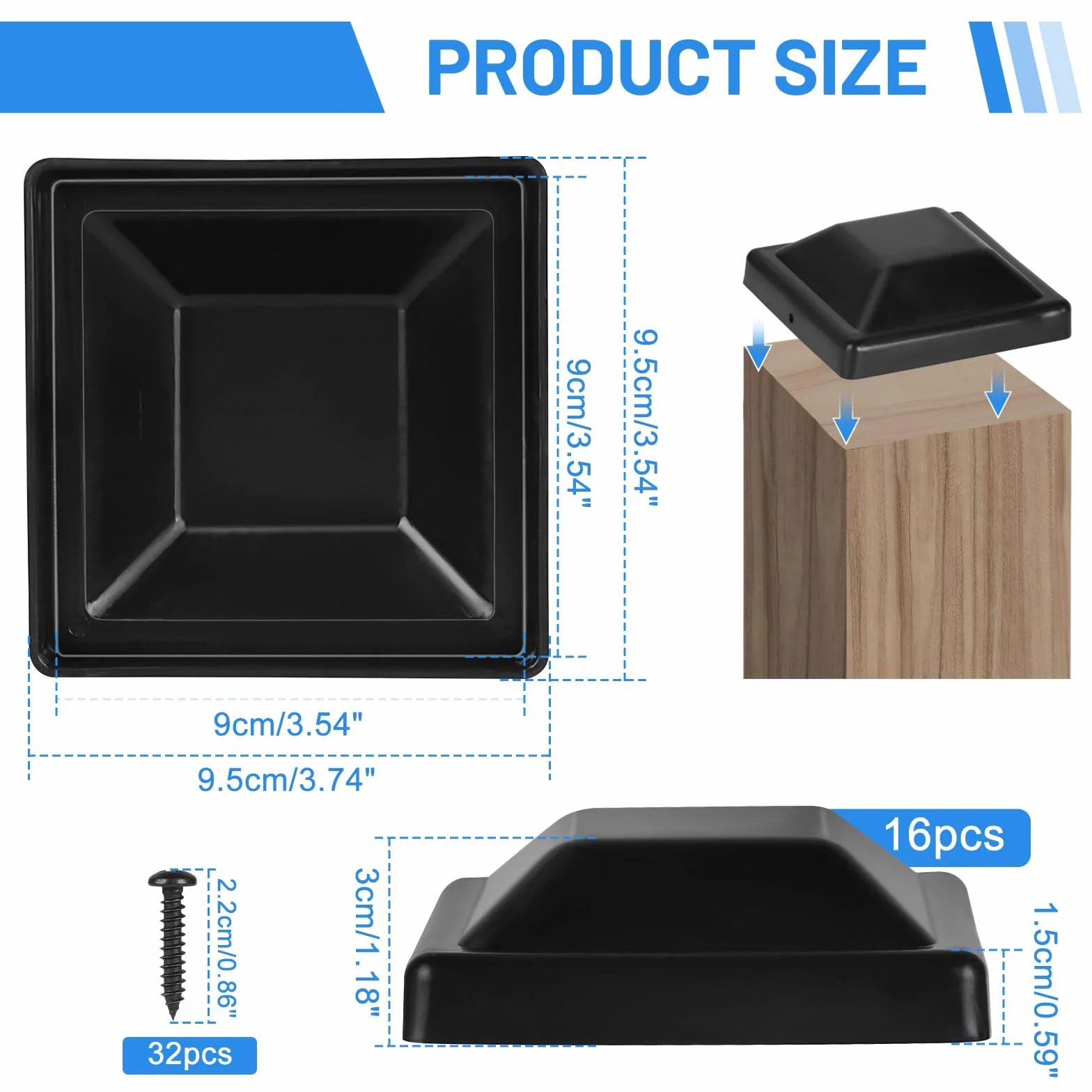 DBREAKS 16 Pezzi Tappi per Pali da Recinzione, 9x9 cm Tappi per Pali di Legno, Tappi in Plastica con Viti, Tappo Colonna Quadrata, per Proteggere la Recinzione in Legno da Esterni