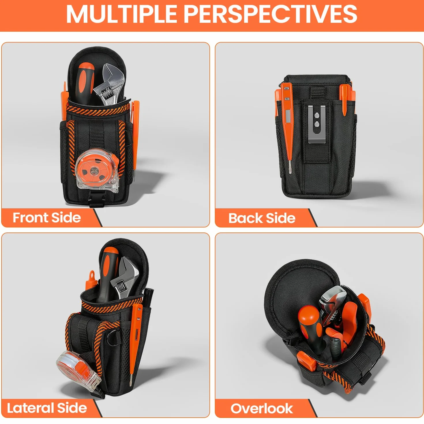 Borsa porta utensili con clip da cintura, Nero-Arancio, Robusta costruzione in nylon, Design con cerniera