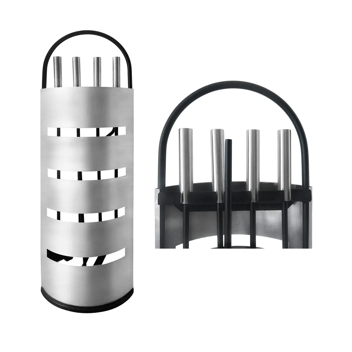 Set di attrezzi per camino in acciaio inox, 5 pezzi, accessori per camino moderni, con supporto, pala, scopa, pinza per camino e attizzatoio, argento/nero