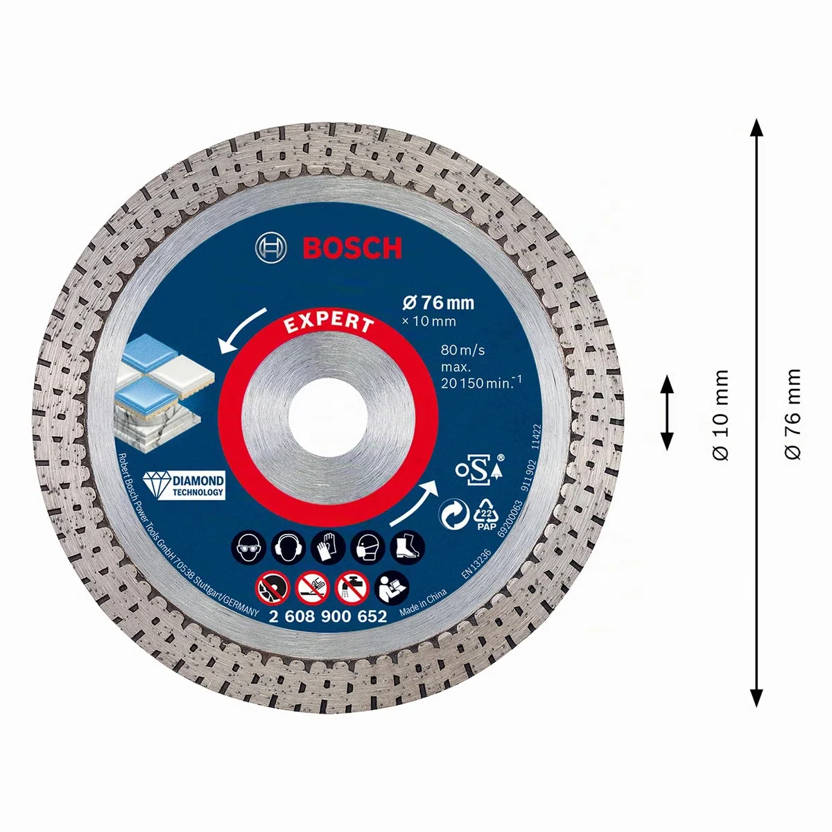 Bosch 1x Disco diamantato EXPERT Hard Ceramic mini, foro 10 mm (per Piastrelle dure, Pietra dura, Ø 76 mm, Professional Accessorio Minismerigliatrice angolare)