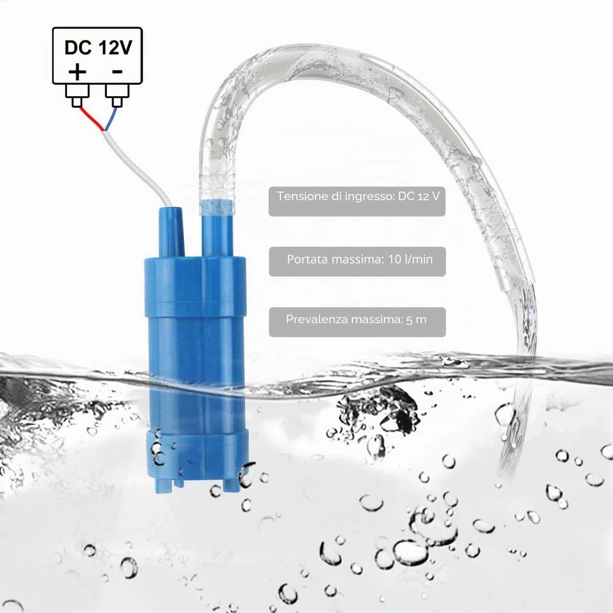 Pompa ad Acqua Sommergibile 12V 600L/H, Pompa Ultra Silenziosa con Tubo in Silicone da 5 m, per Roulotte, Camper, Yacht, Barca ecc.