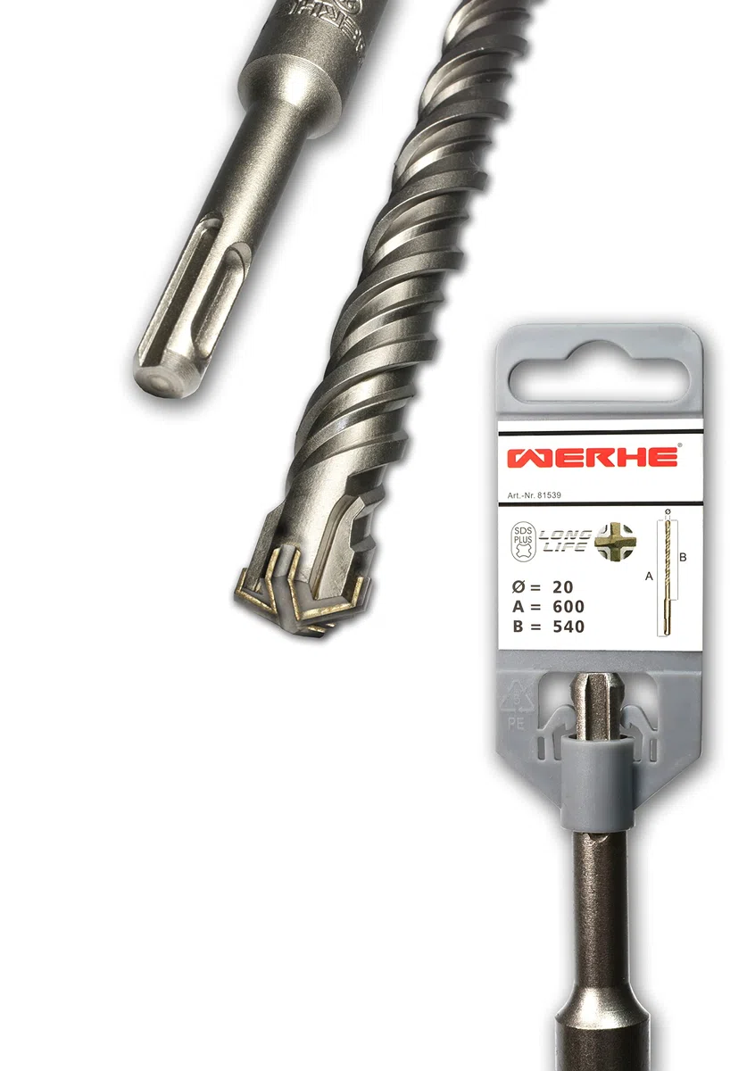 WERHE Punta da trapano per calcestruzzo SDS PLUS 20x600mm – punta a percussione per calcestruzzo e mattoni – 4 taglienti