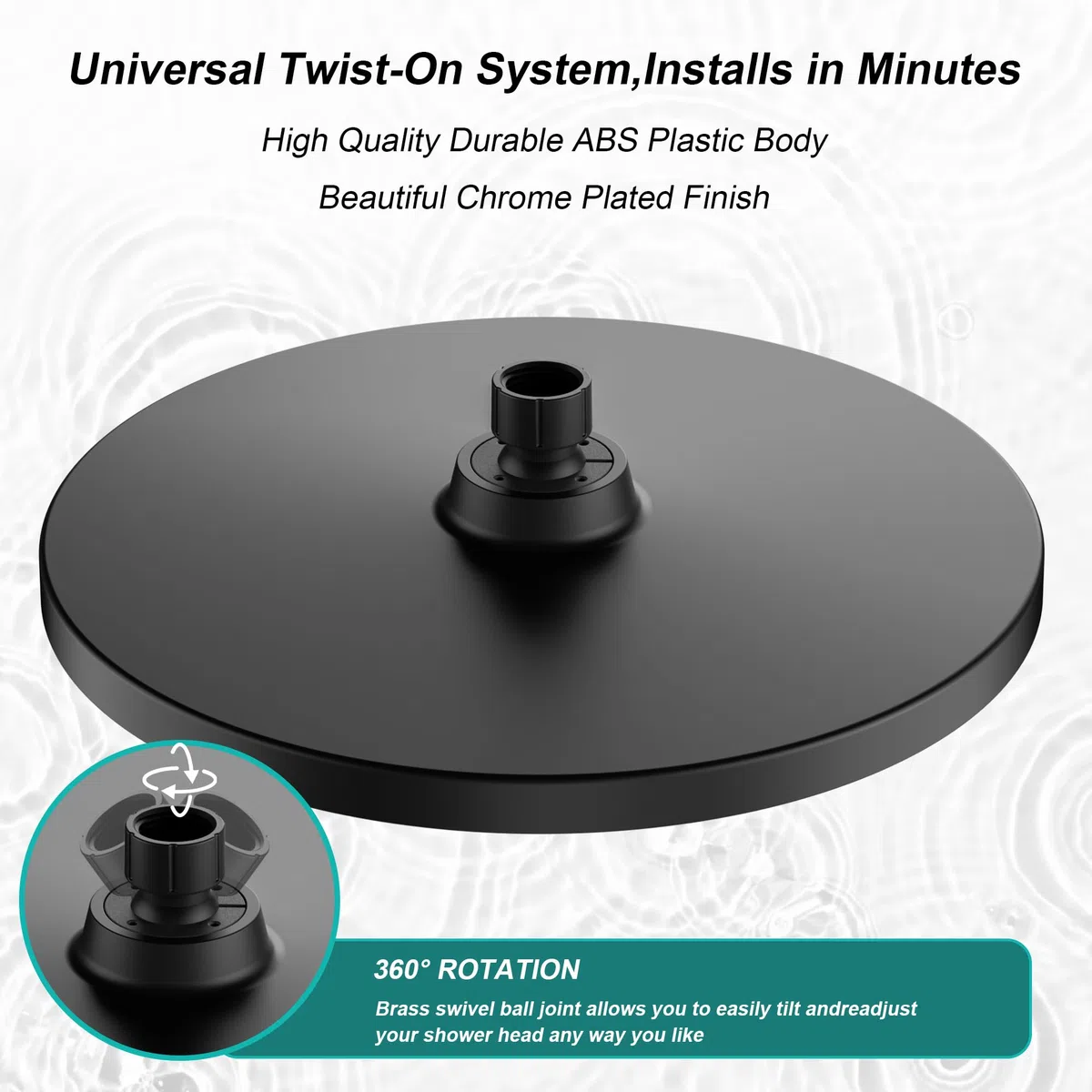 Soffione doccia a pioggia, 10 pollici, a risparmio energetico, universale, con ugelli anticalcare, soffione rotondo grande, Ø 26 cm, stabile ABS nero