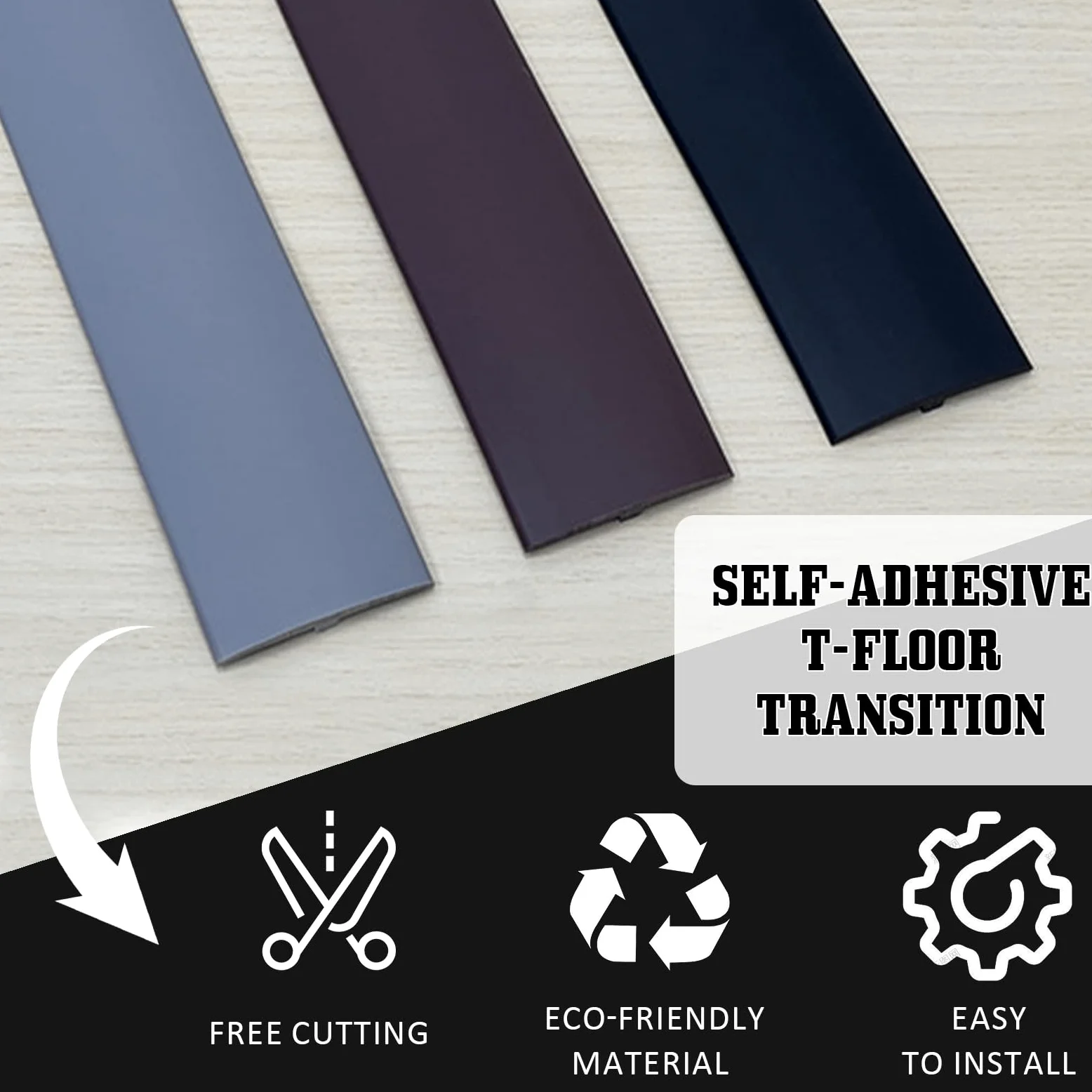 Profilo di transizione autoadesiva, larghezza 50 mm, striscia di transizione autoadesiva in PVC, forma a T, flessibile, per laminato/MDF e pavimenti in legno (nero, 3 m)