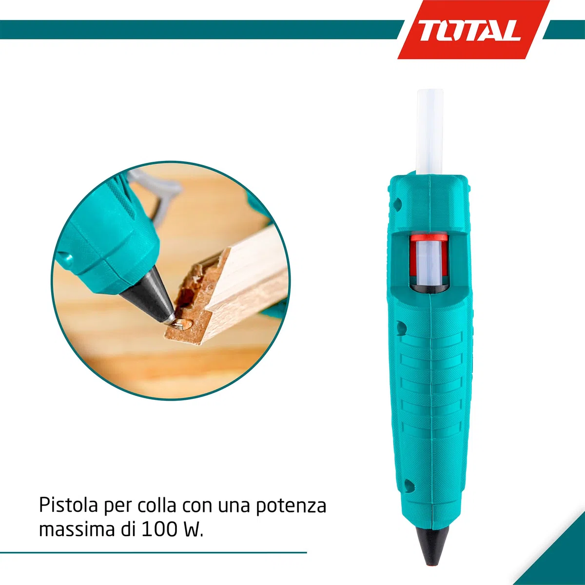 TOTAL - Pistola per colla a cavo con potenza da 100 W - Riscaldamento rapido - Diametro 11,2 mm - Ideale per falegnameria e artigianato - Include 2 bastoncini di colla