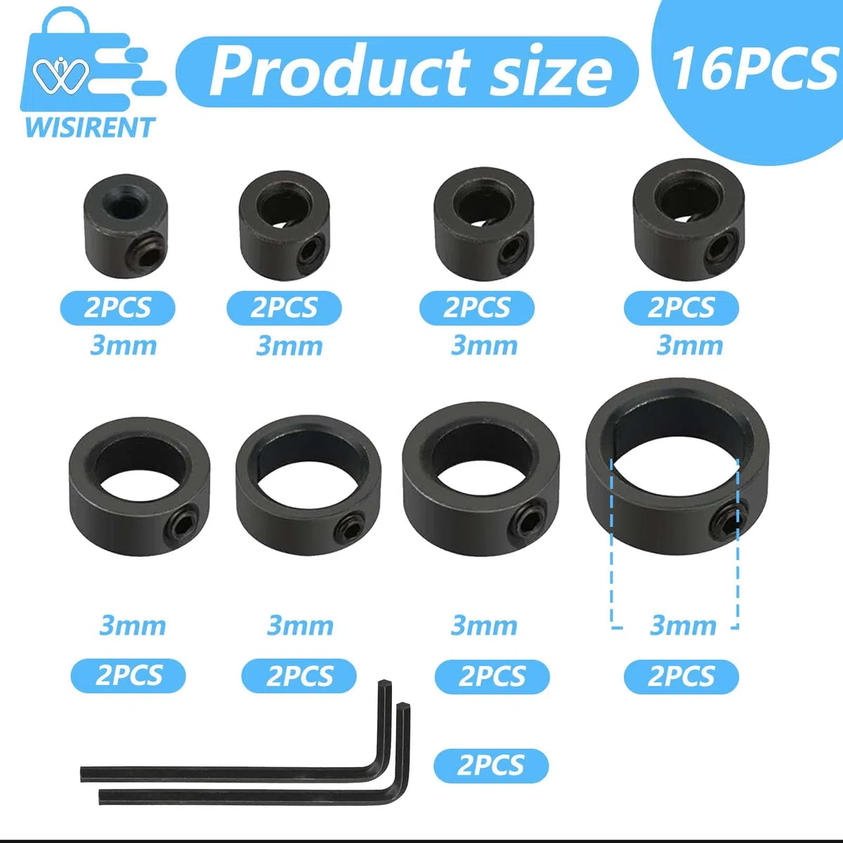 16 Pezzi Stop di Profondità Trapano WISIRENT, 2*3/4/5/6/8/10/12/16mm Nero Stop di Profondità Trapano con La Chiave Esagonale, Punte Profondità Anello Posizionatore Set di Trapano per Stop di Profondit
