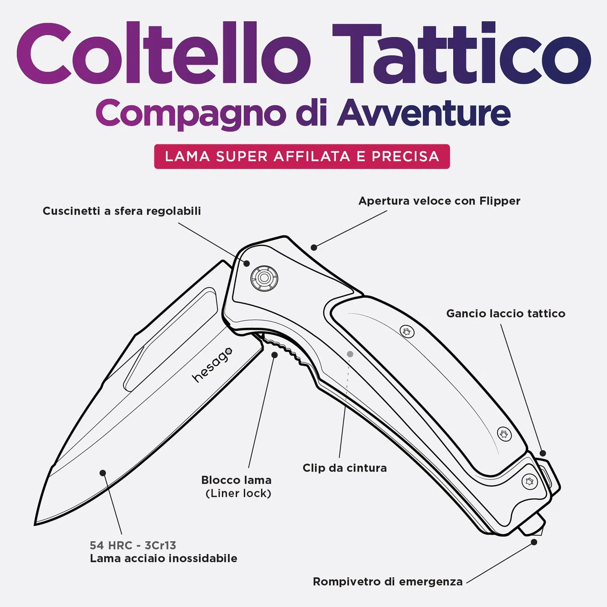 WildBlade Coltello Pieghevole Tattico Professionale - Rompivetro - Lama Affilata in Acciaio Inox al Cobalto - Per Campeggio, Caccia, Pesca, Escursionismo, Sopravvivenza e Outdoor