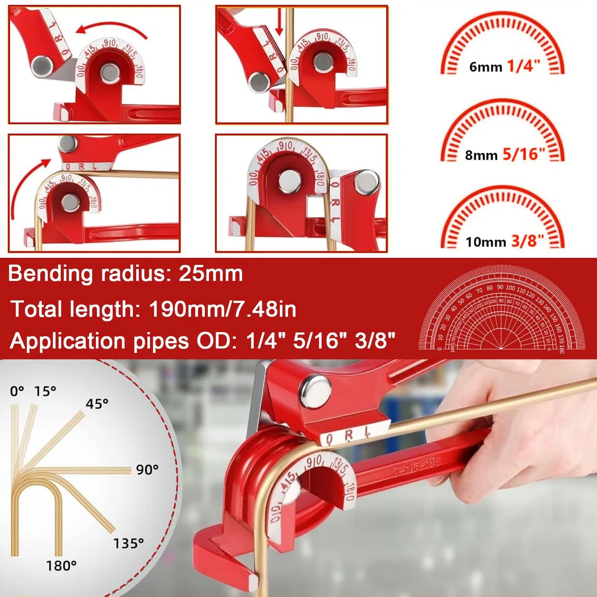 Curvatubi 3 in 1, 6 – 8 – 10 mm, 0 – 180 gradi, con tagliatubi e set di utensili per sbavatura (A)