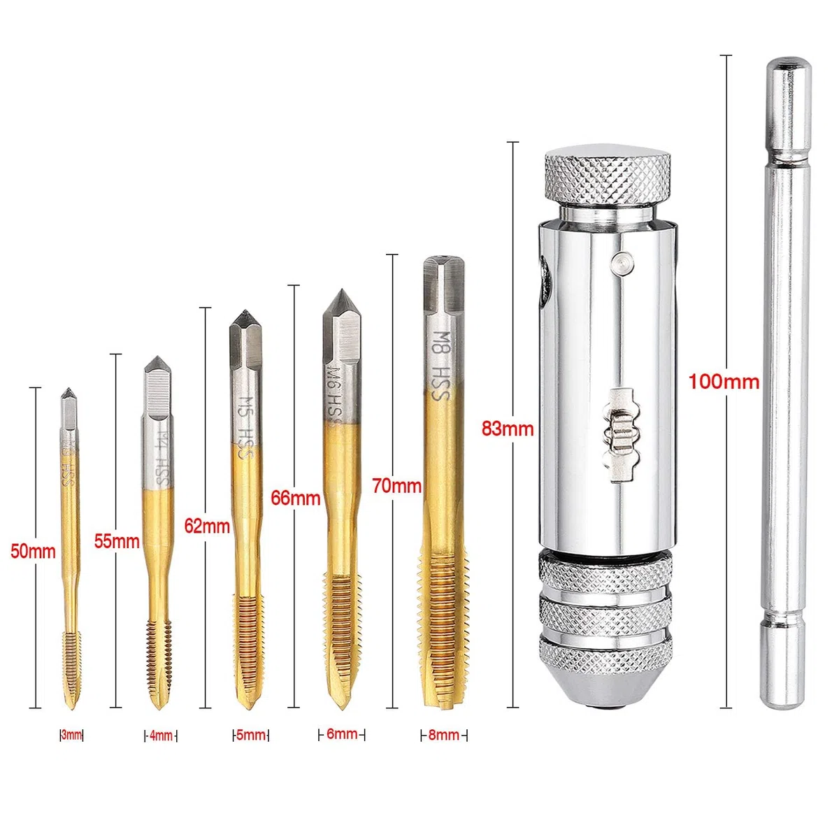 Giramaschi a Cricchetto Set includere 5 Pezzi Maschi per Filettare Titanio Rivestito in HSS M3 M4 M5 M6 M8 und Giramaschi Regolabile a Cricchetto a T