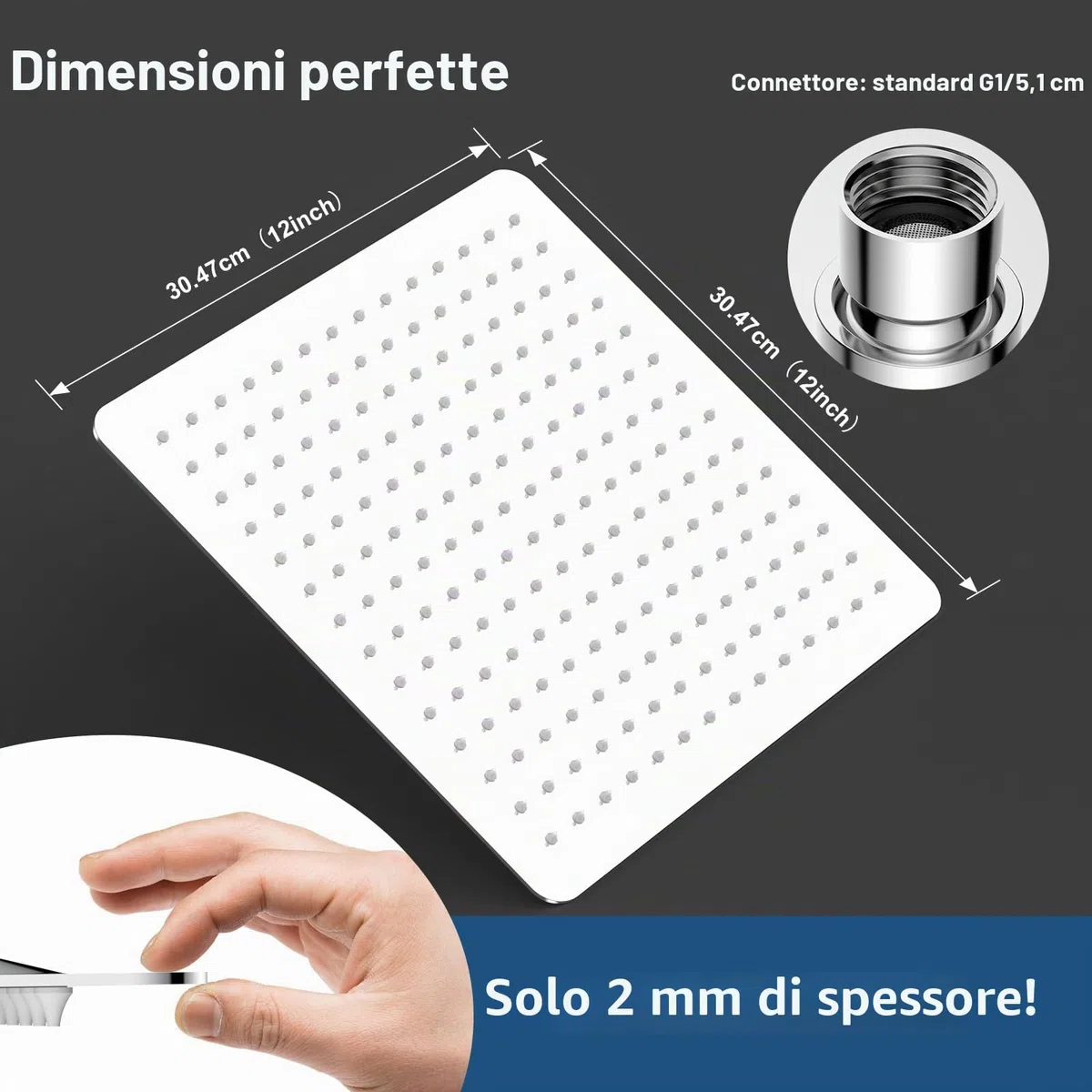 YEAUPE PRO Doccia a pioggia 12 pollici - Soffione doccia angolare in acciaio inox 304 ad alta pressione con ugelli autopulenti, montaggio a soffitto, cromato (30 x 30 cm)