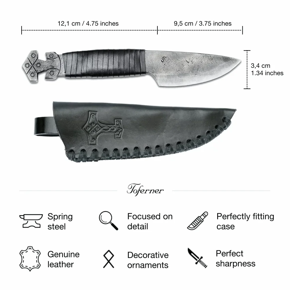 TOFERNER Coltello da caccia a lama fissa Coltello in acciaio Thor – Forgiato a mano & Vintage Look – Lama a punta ultra affilata – Elegante stile anticato – Inclusa custodia in vero cuoio