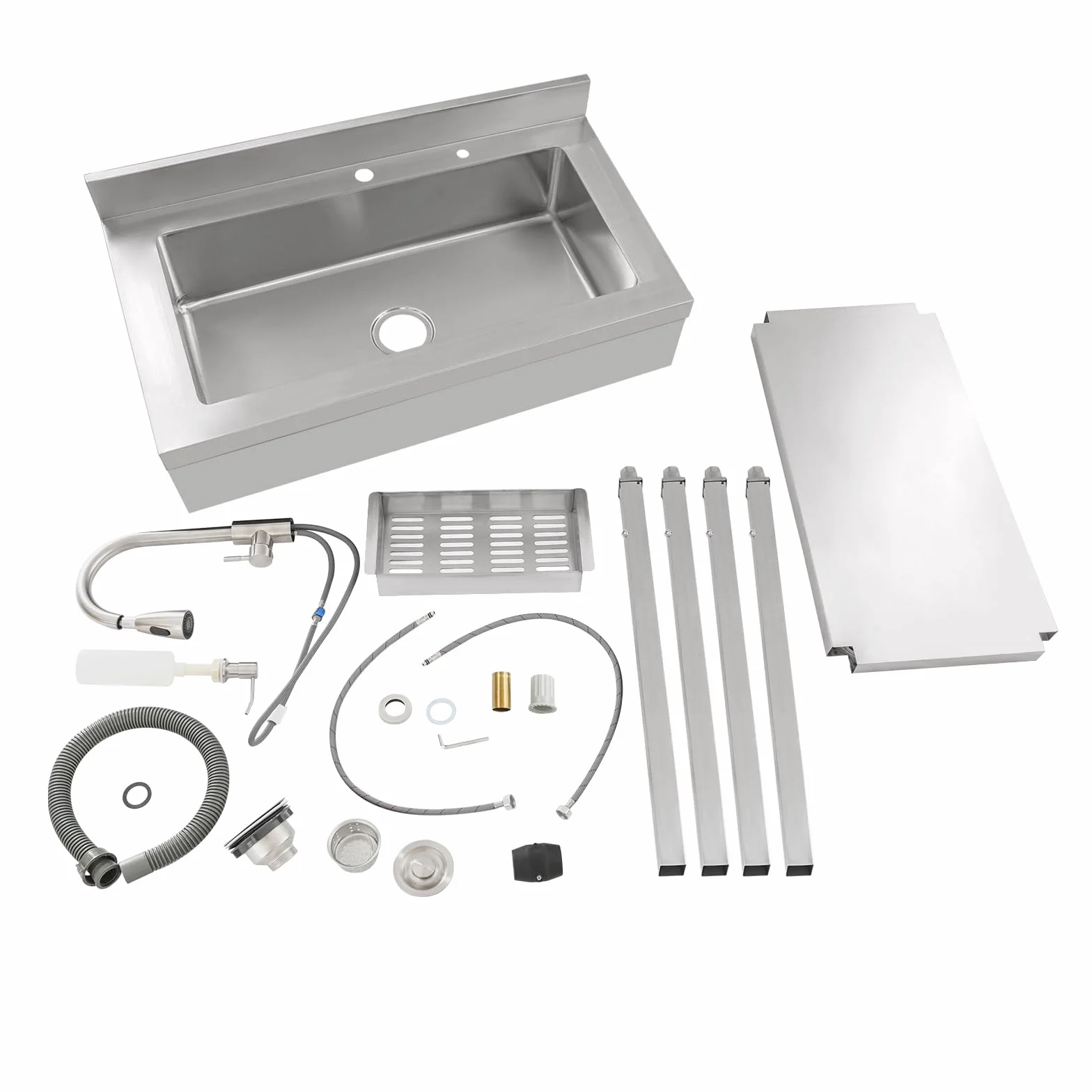 Lavello autoportante in acciaio inox con rubinetto estraibile, per casa, garage, giardino, molto resistente, con scolapiatti e angolo rotondo, facile da montare (argento 90 x 60 x 80 cm)