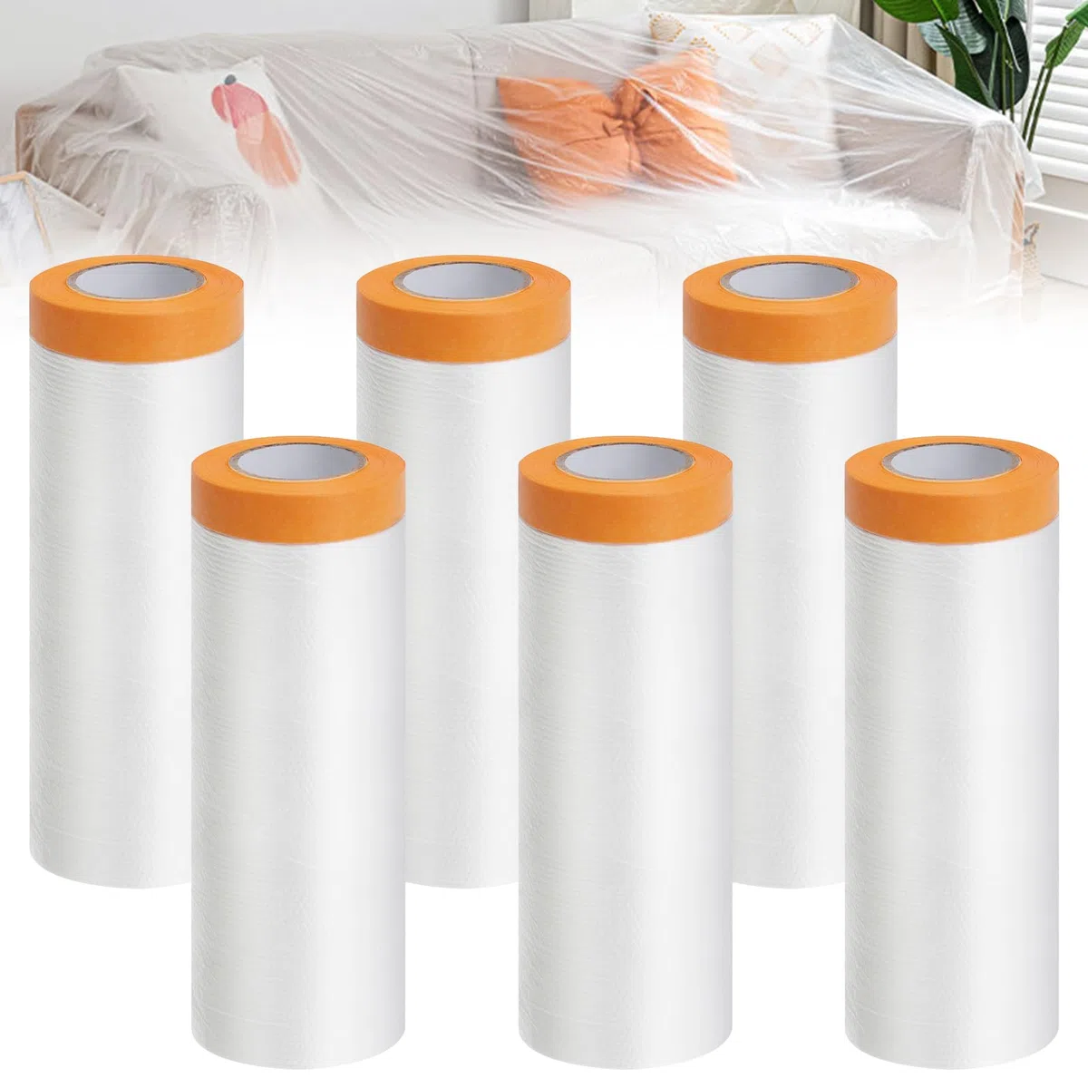 6 Rotoli 150 cm x 20 m Pellicola Adesiva Per Mascheratura, Telo Protettivo Per Pittura, Film Per Mascheratura Con Nastro Adesivo per Mobili, Muri
