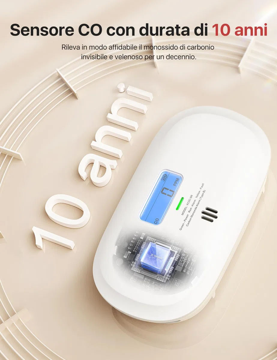 X-Sense Rilevatore di Monossido di Carbonio, Certificato EN 50291, Sensore da 10 Anni e Batteria Sostituibile, Allarme di CO per Casa con Display LCD e Memoria Picco, XC0C-SR, 1 Pezzo