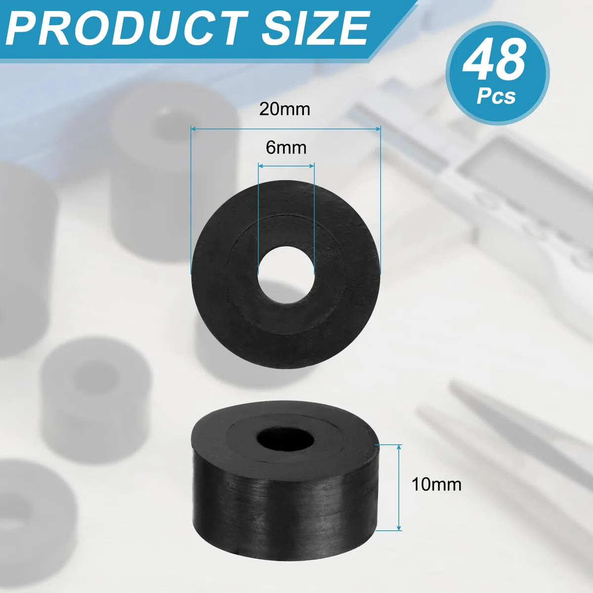 QUARKZMAN 48 Pz Distanziatore Rotondo Gomma, 20x6x10 mm (OD*ID*Spessore) Anello Rotondo Antivibrante Boccola In Gomma - Versatile per Edilizia, Automotive, Nautico e Elettrodomestici
