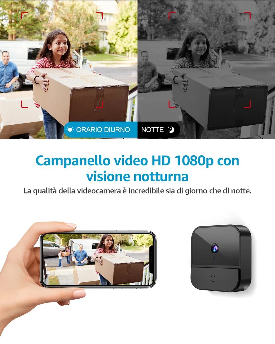 Videocitofono Senza Fili 1080P con Telecamera WiFi, Batteria Integrata, Visione Notturna, Audio Bidirezionale, Supporto SD Card e Cloud Storage, Nessun canone mensile (1)
